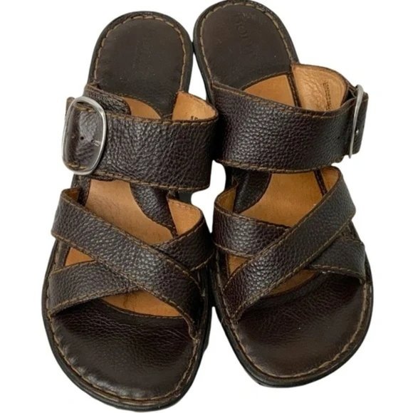 BORN Brown Leather Wedge Slide Comfort Sandals Size 10 - Picture 3 of 6